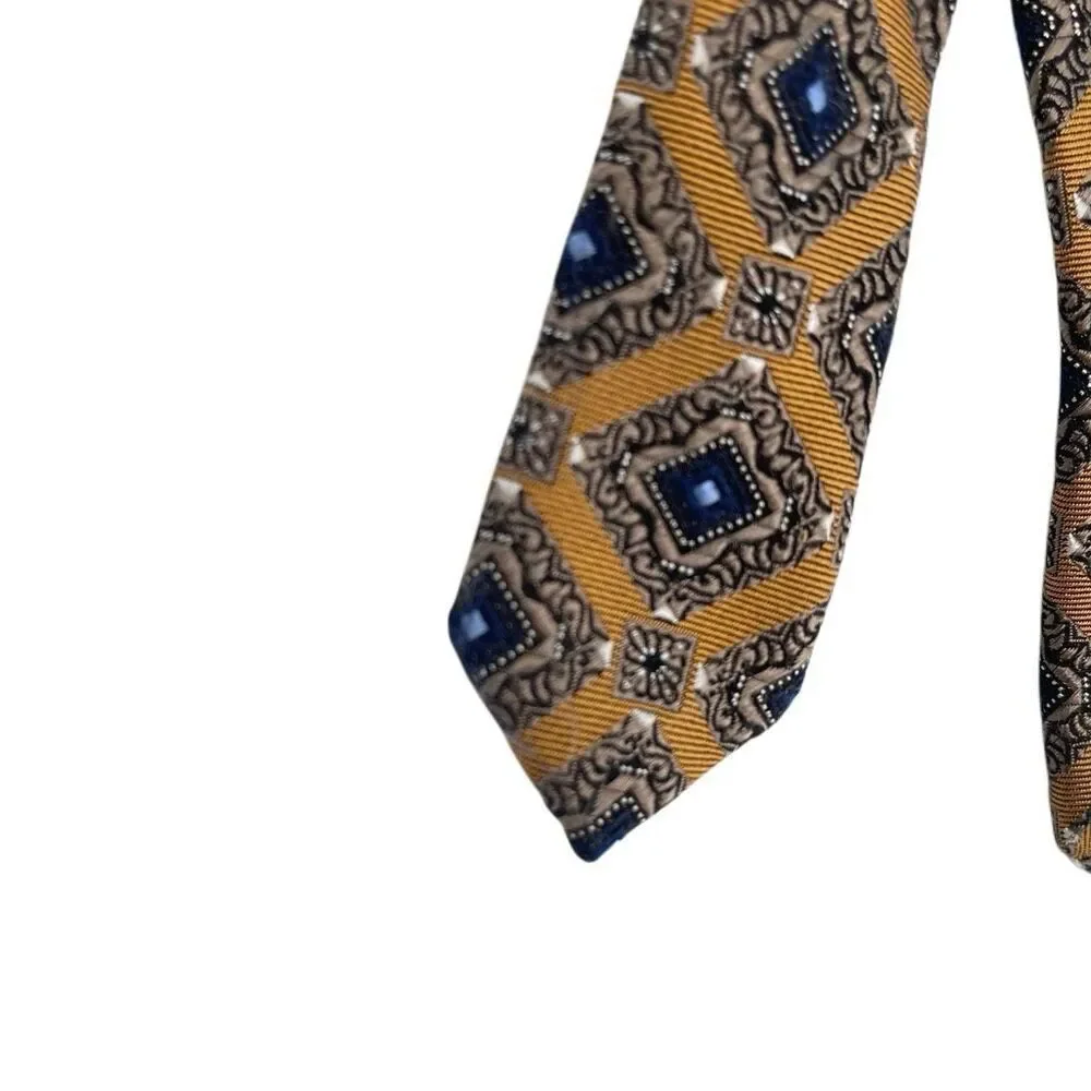 Jos A Bank Signature Collection 100% Silk Gold Blue Medallion Geometric Tie